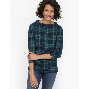 Talbots Women's Funnel Neck Tartan Plaid Green Blue 3/4 Sleeve Top Large Petite